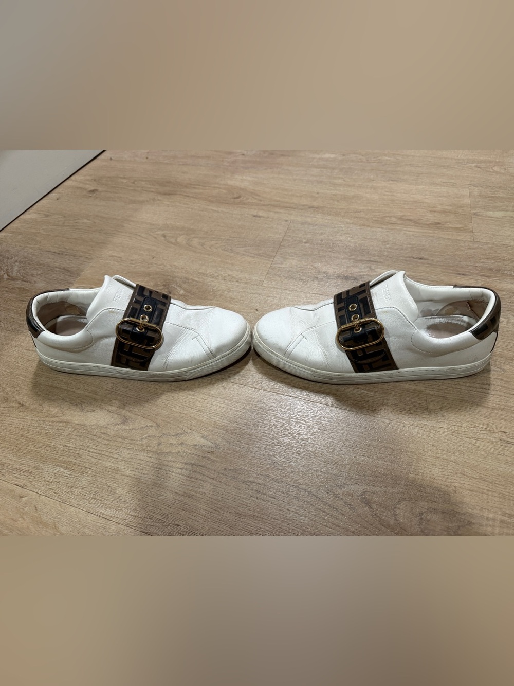 Fendi White Leather Sneakers with Brown FF Strap and Gold Buckle - Picture 2 of 7